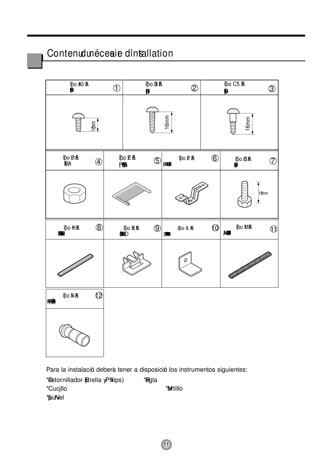 Friedrich CP12, CP10 manual Contenu du nécessaire d’installation 