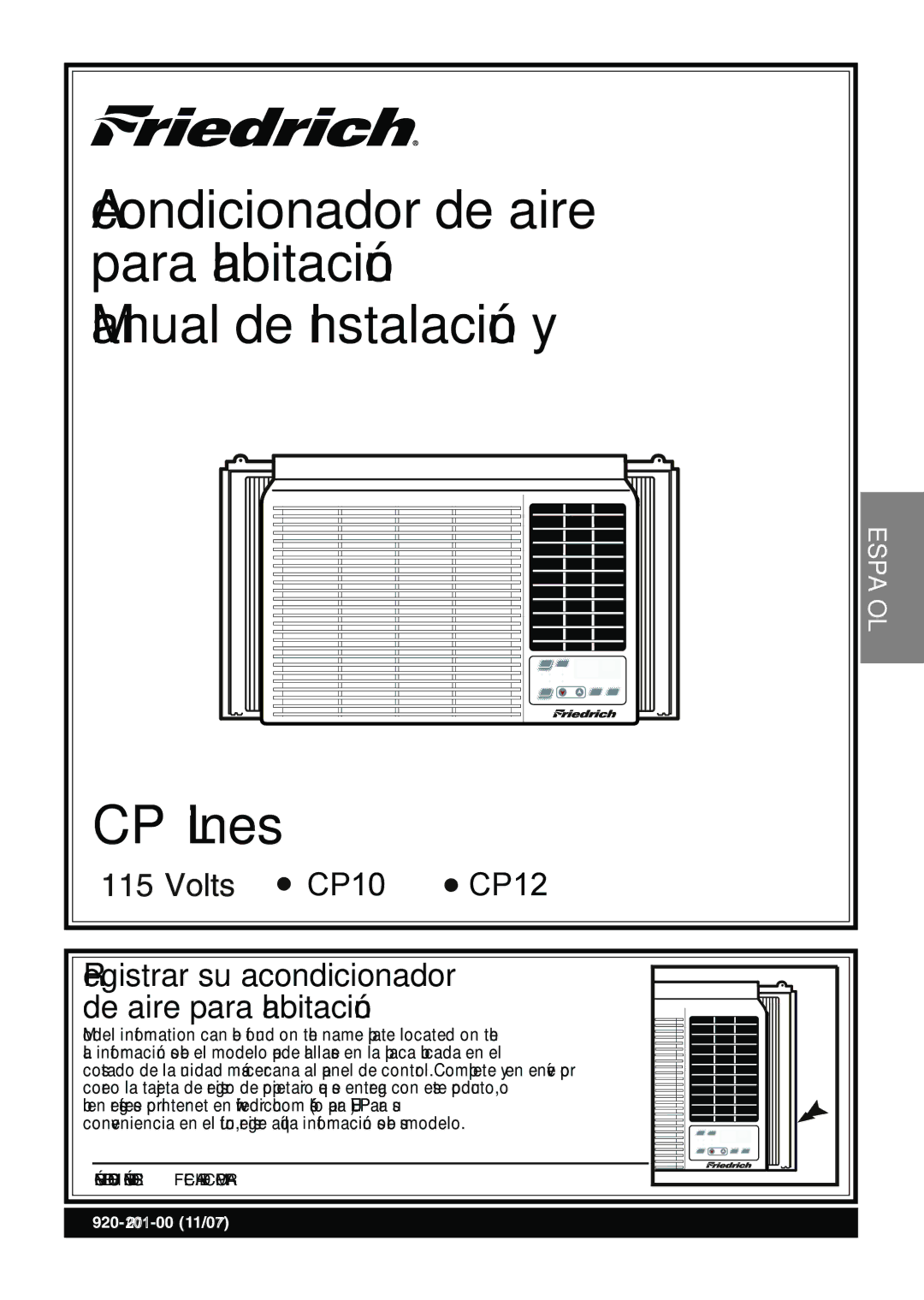 Friedrich CP12, CP10 manual CP Lines, Model information can be found on the name plate located on 