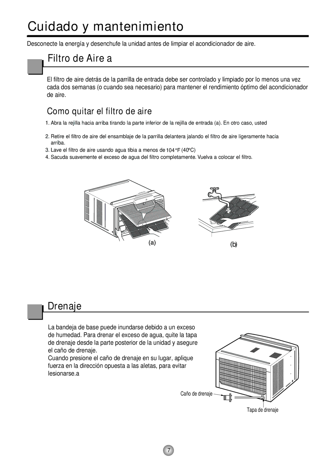 Friedrich CP10, CP12 manual Cuidado y mantenimiento, Filtro de Aire a, Drenaje 