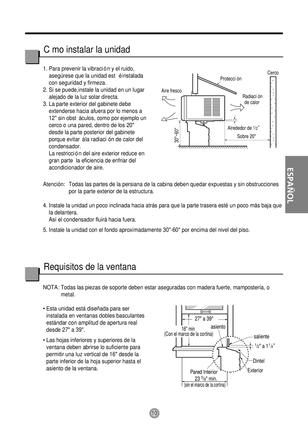 Friedrich CP12, CP10 Cómo instalar la unidad, Requisitos de la ventana, a Min asiento Con el marco de la cortina, Saliente 