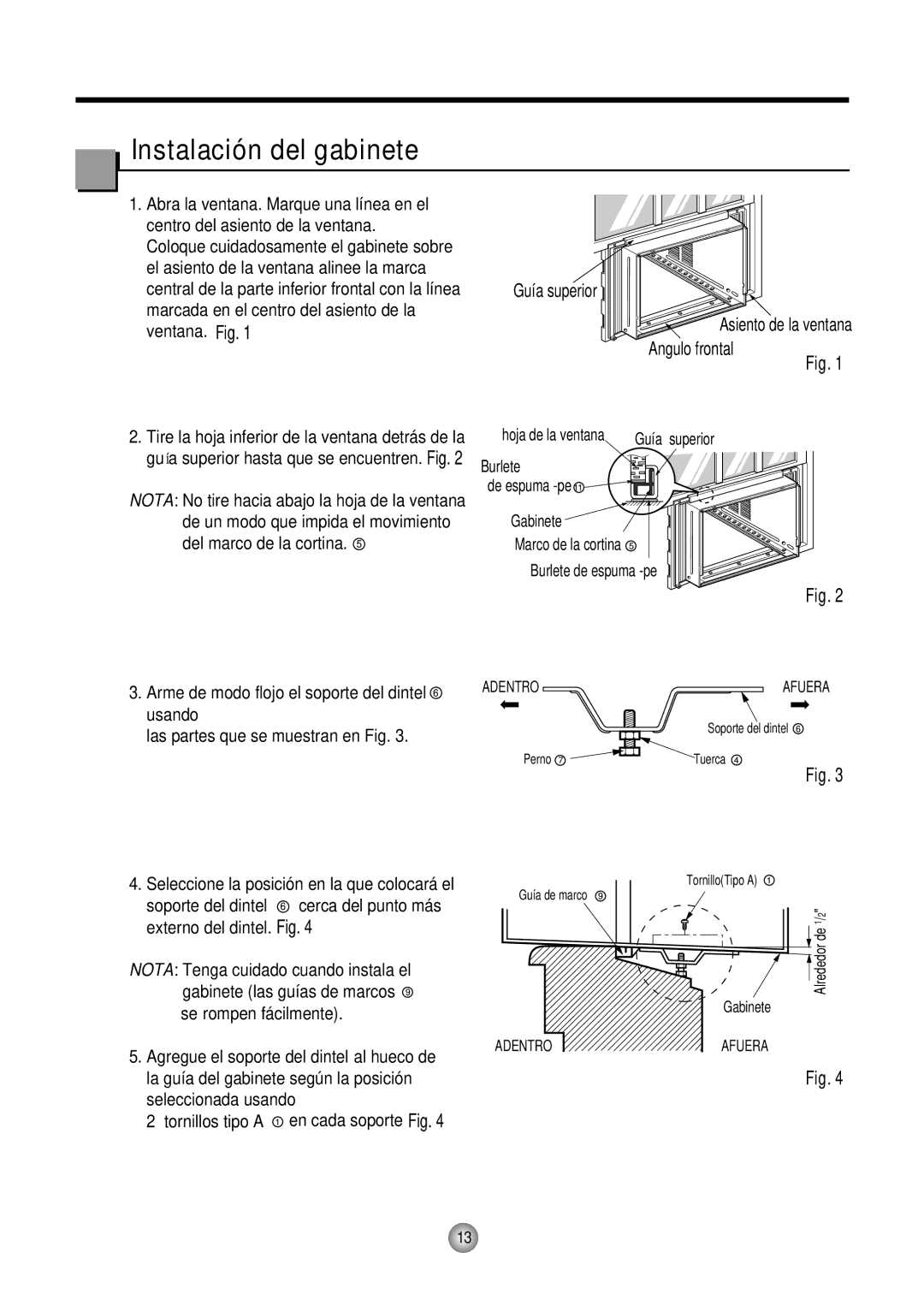 Friedrich CP10, CP12 manual Instalación del gabinete 