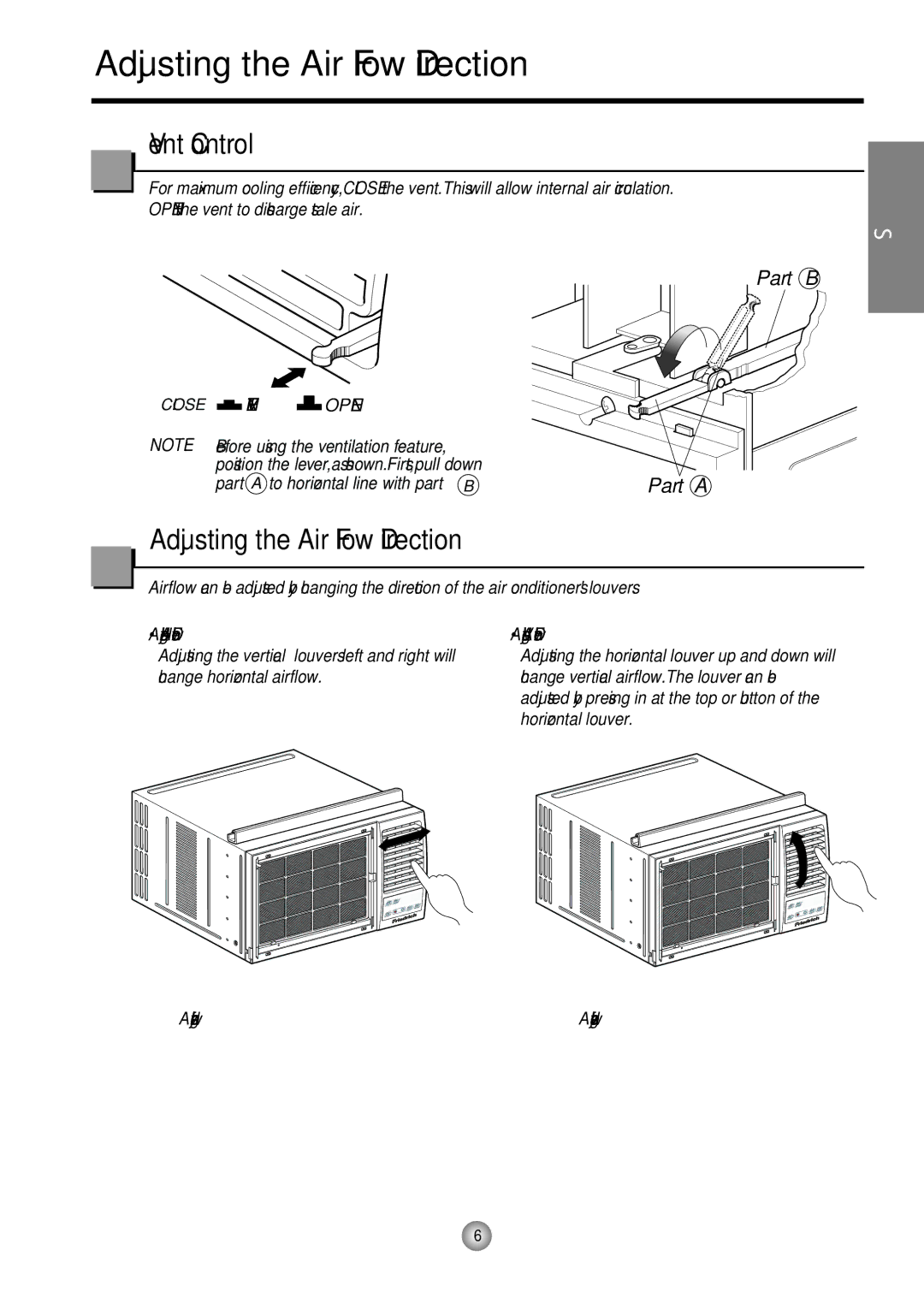 Friedrich CP10, CP12 manual Adjusting the Air Flow Direction, Vent Control 