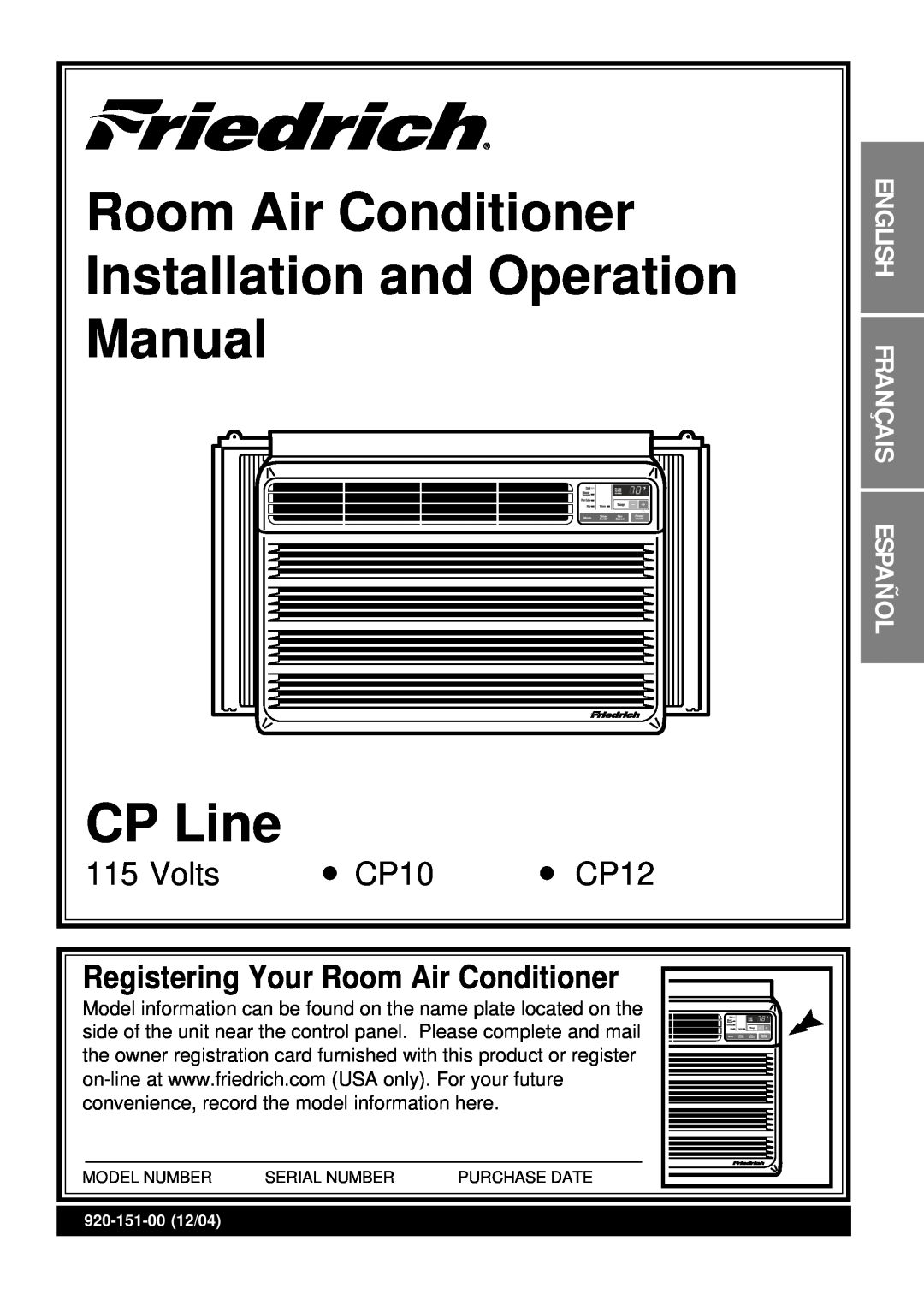 Friedrich CP10 operation manual Room Air Conditioner, Installation and Operation, Manual, CP Line, Volts, CP12 
