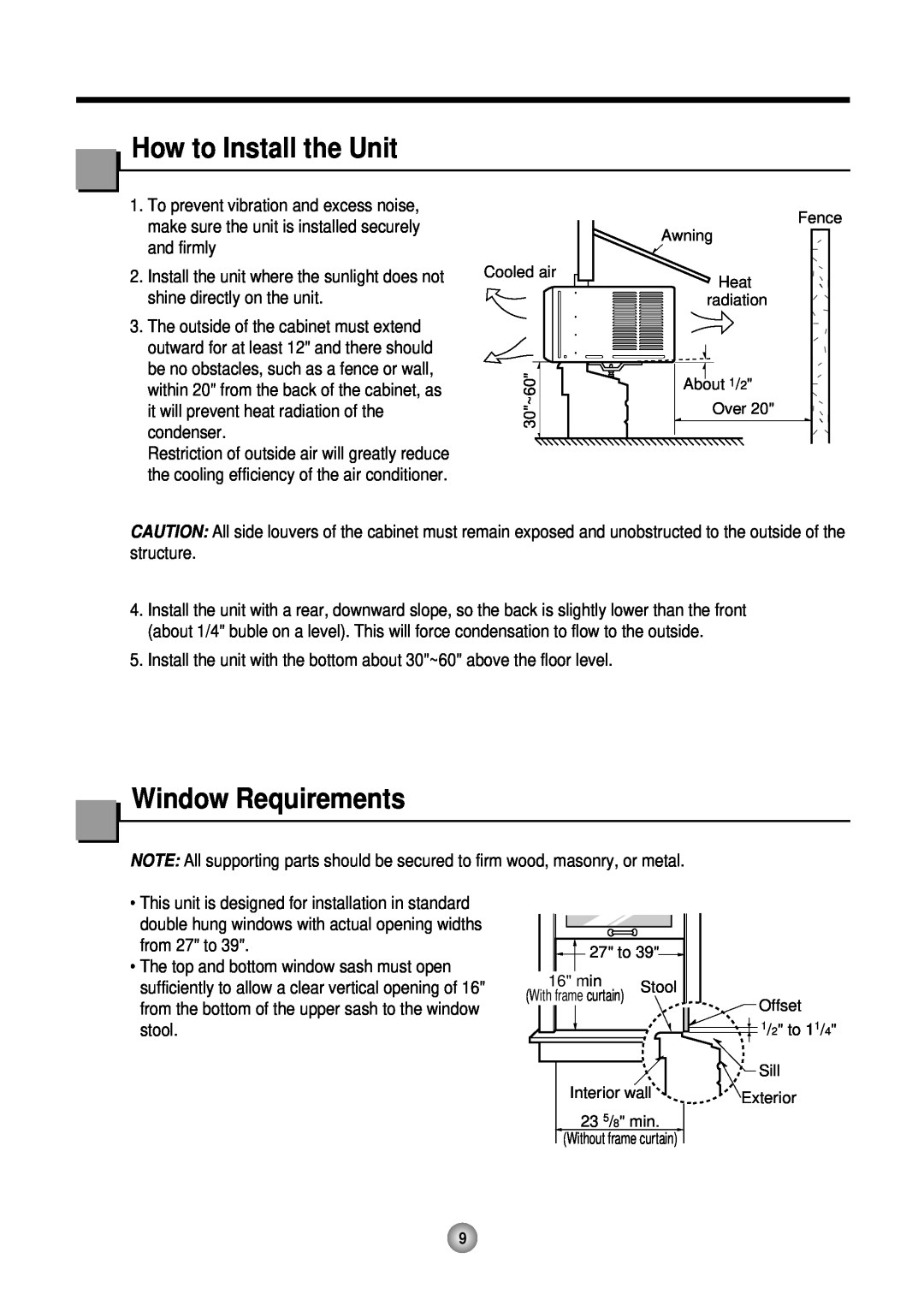 Friedrich CP10 How to Install the Unit, Window Requirements, Cooled air 30~60, Fence Awning Heat radiation About 1/2 Over 