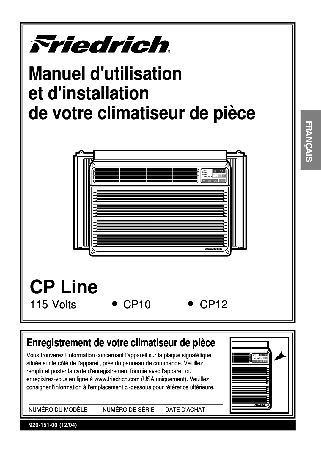 Friedrich CP10 Manuel dutilisation, et dinstallation, Enregistrement de votre climatiseur de pièce, Français, CP Line 