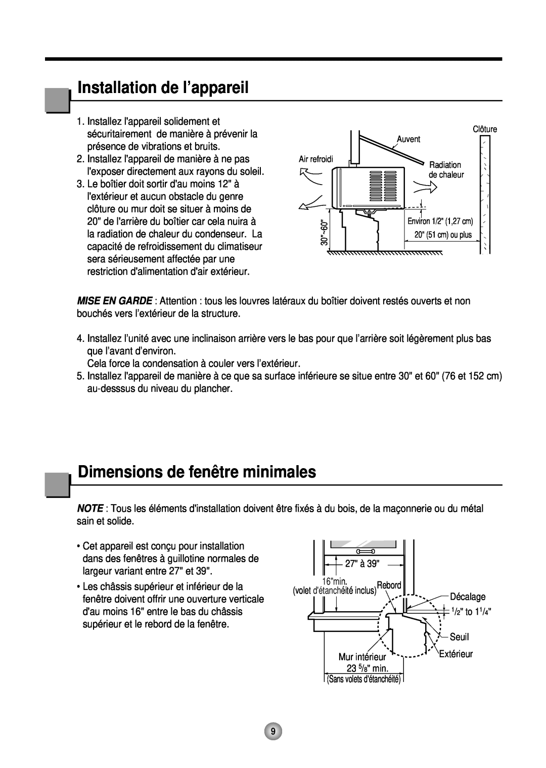 Friedrich CP12, CP10 operation manual Installation de l’appareil, Dimensions de fenê tre minimales 