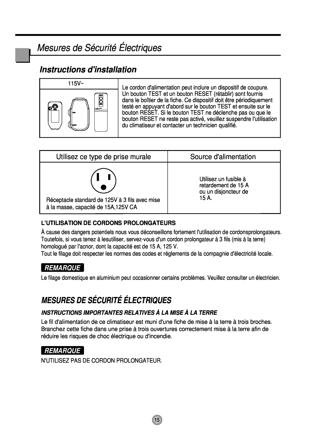 Friedrich CP12 Mesures de Sécurité Électriques, Instructions dinstallation, Mesures De Sé Curité É Lectriques, Remarque 