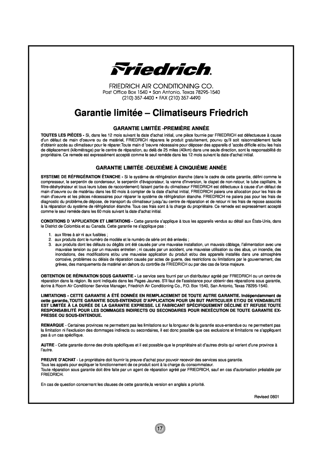 Friedrich CP12, CP10 Garantie limité e - Climatiseurs Friedrich, Friedrich Air Conditioning Co, 210 357-4400 FAX 