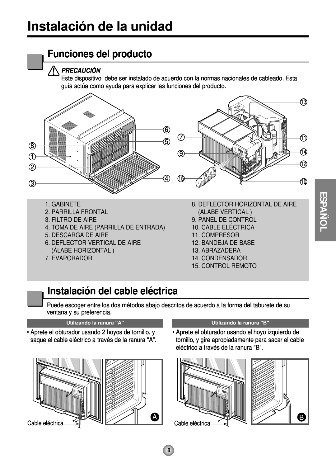 Friedrich CP12 Instalació n de la unidad, Funciones del producto, Instalació n del cable elé ctrica, Español, Precaución 
