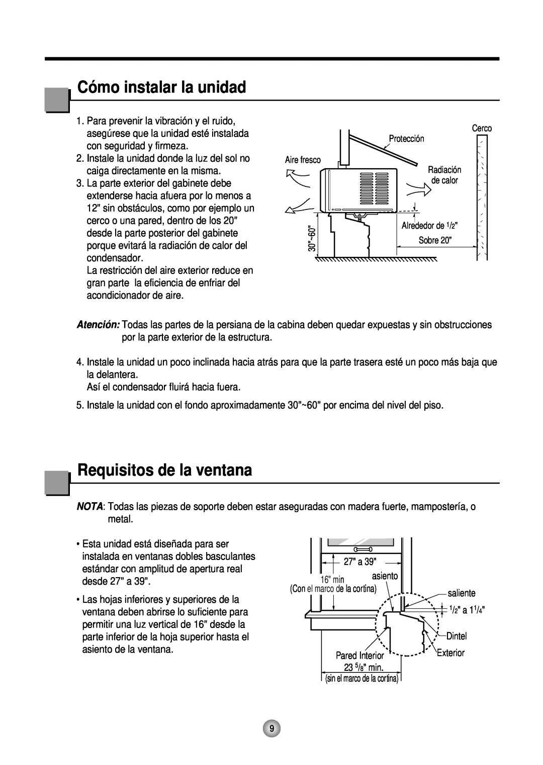 Friedrich CP10, CP12 operation manual Có mo instalar la unidad, Requisitos de la ventana 