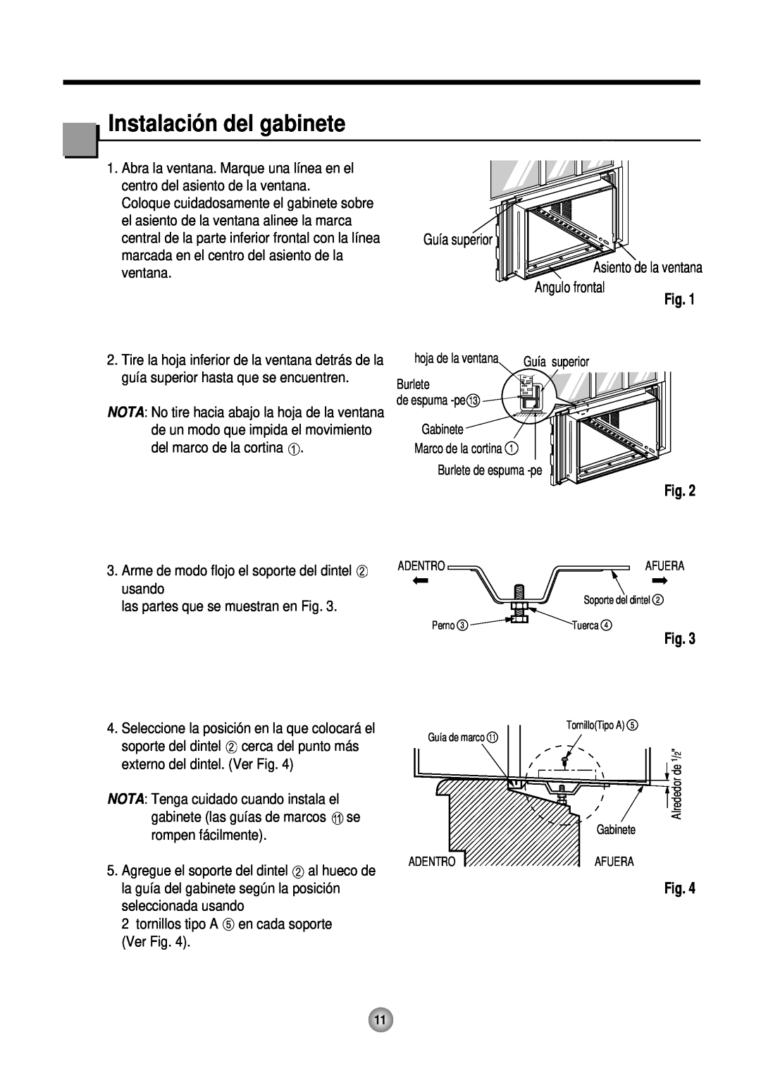 Friedrich CP10, CP12 operation manual Instalació n del gabinete, Fig, Guía superior Asiento de la ventana, Angulo frontal 