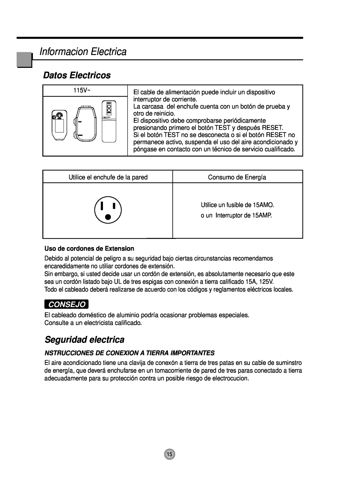 Friedrich CP10, CP12 Informacion Electrica, Datos Electricos, Seguridad electrica, Consejo, Uso de cordones de Extension 