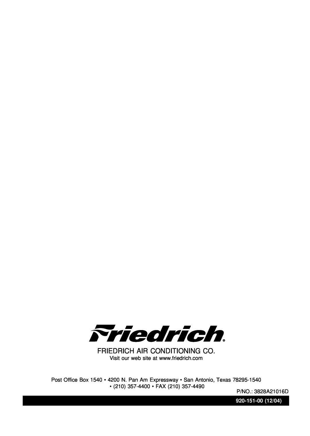 Friedrich CP12, CP10 operation manual Friedrich Air Conditioning Co, 210 357-4400 FAX 210 P/NO. 3828A21016D 