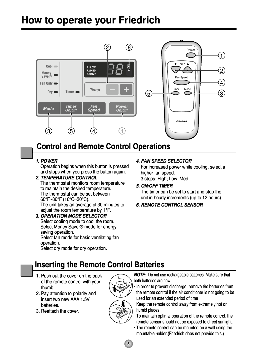 Friedrich CP10, CP12 How to operate your Friedrich, Control and Remote Control Operations, Power, Temperature Control 