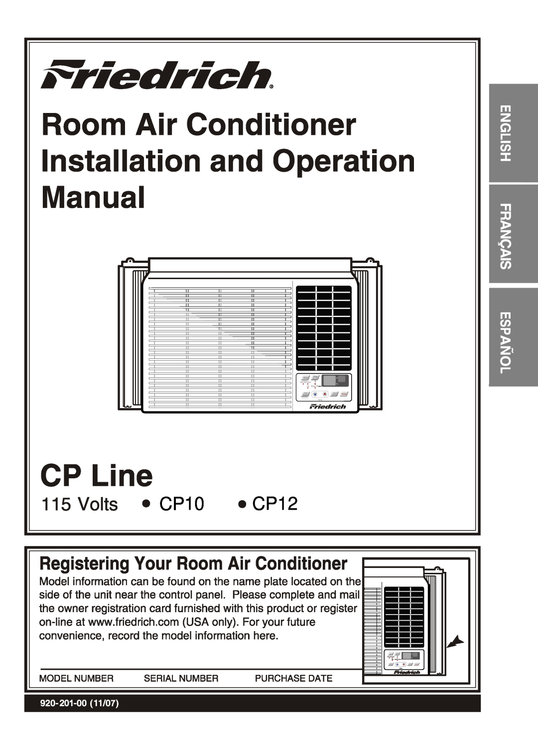 Friedrich CP10 operation manual Room Air Conditioner, Installation and Operation, Manual, CP Line, Volts, CP12 