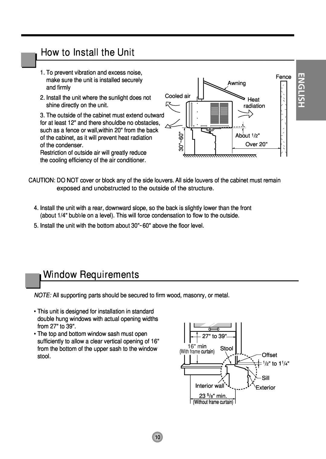 Friedrich CP10, CP12 manual How to Install the Unit, Window Requirements, English 