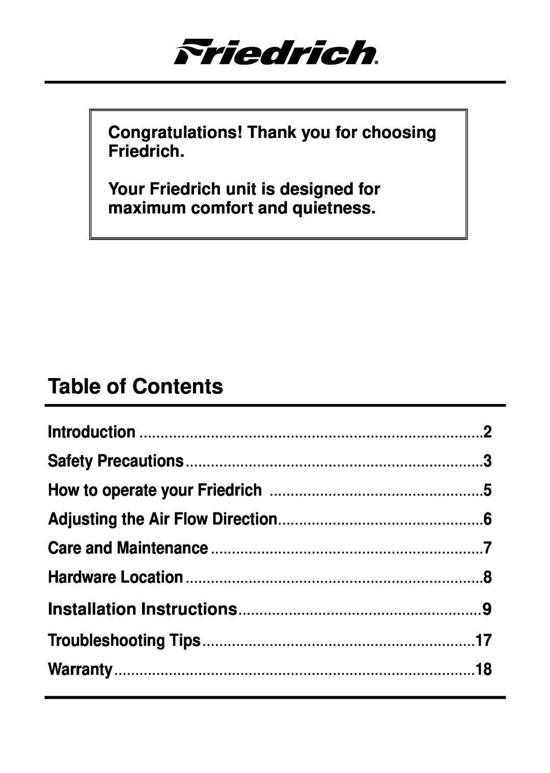 Friedrich CP12 Table of Contents, Congratulations! Thank you for choosing Friedrich, Introduction, Safety Precautions 