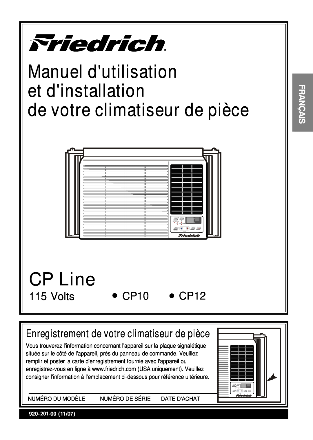 Friedrich CP10 de votre climatiseur de pièce, CP Line, Volts, Français, Manuel dutilisation et dinstallation, CP12, 2017 