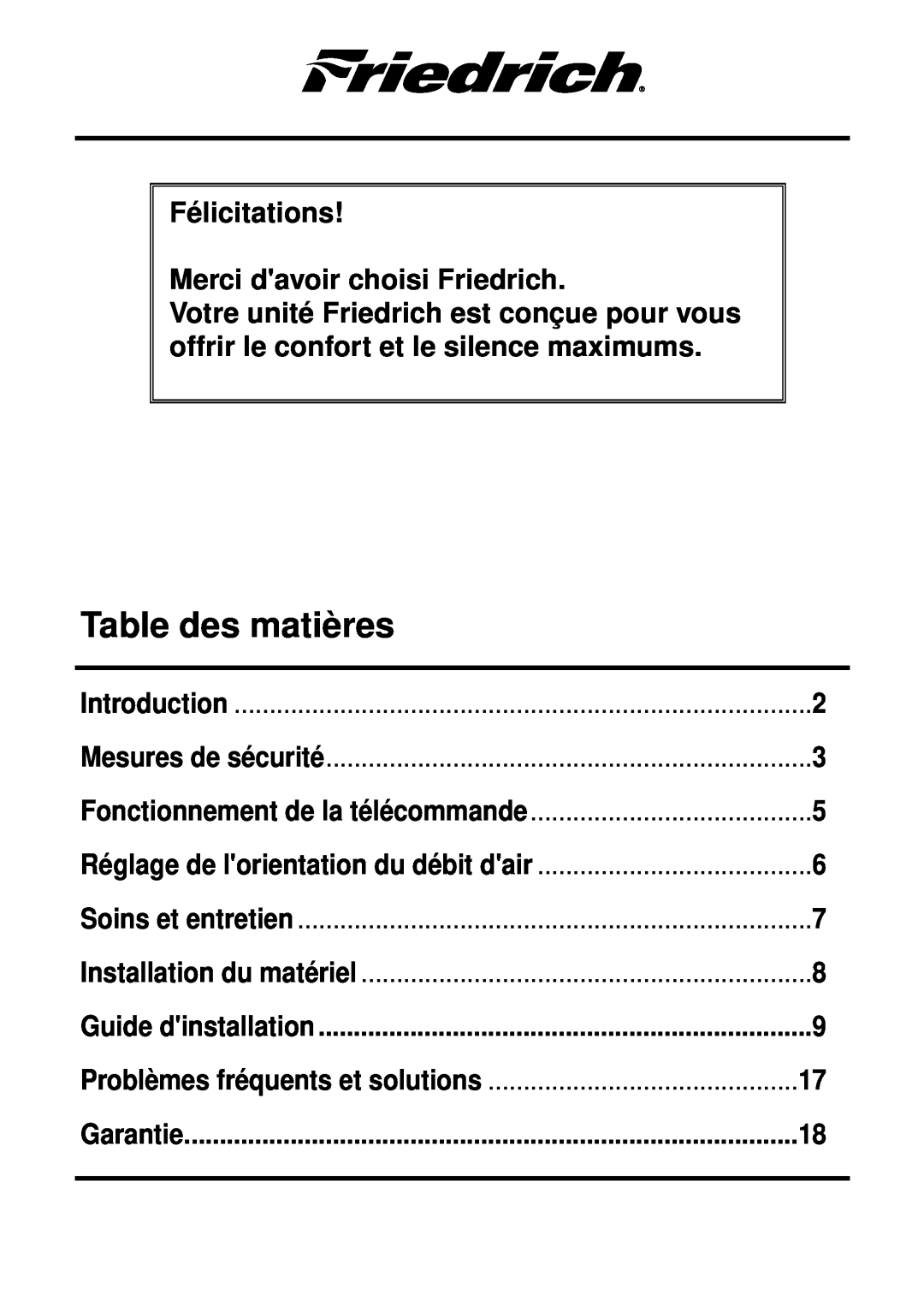 Friedrich CP12, CP10 Table des matières, Félicitations Merci davoir choisi Friedrich, Introduction, Mesures de sécurité 