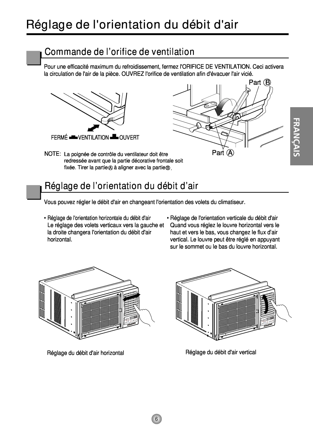 Friedrich CP10, CP12 Réglage de lorientation du débit dair, Commande de l’orifice de ventilation, Part B, Part A, Français 