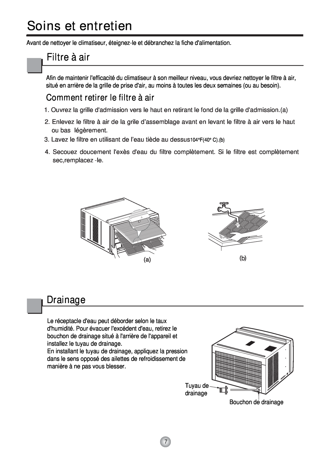 Friedrich CP12, CP10 manual Soins et entretien, Filtre à air, Comment retirer le filtre à air, Drainage 