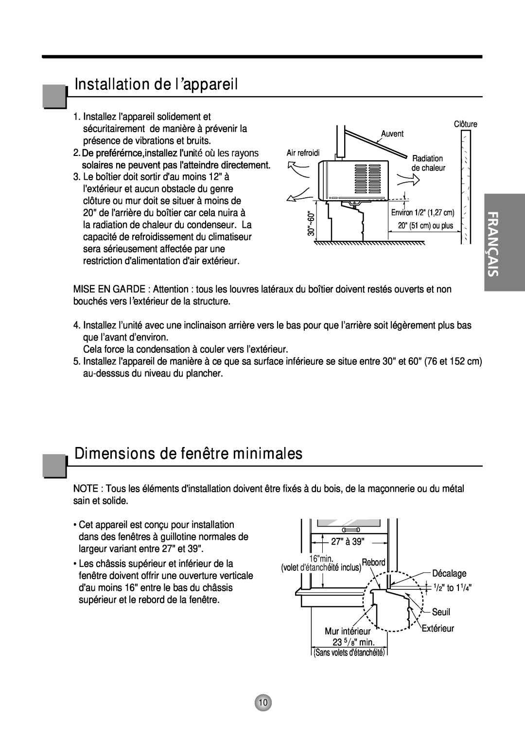 Friedrich CP10, CP12 manual Installation de l’appareil, Dimensions de fenêtre minimales, Français 