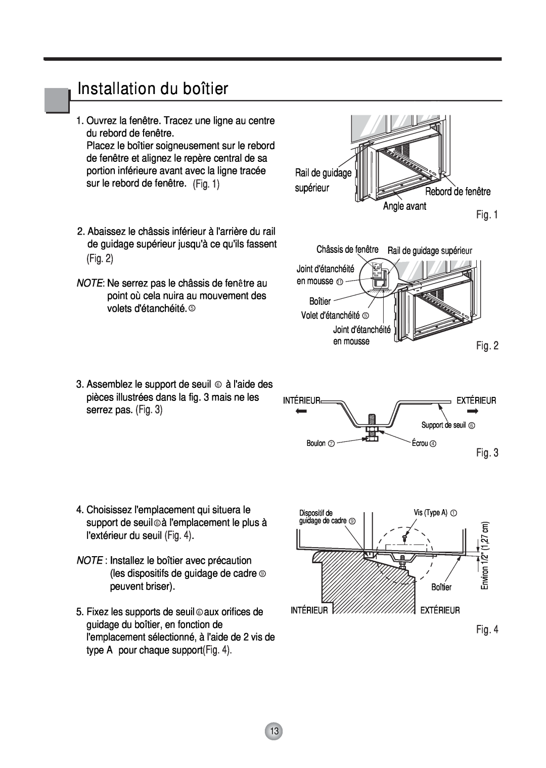 Friedrich CP12, CP10 manual Installation du boîtier, Rail de guidage, supérieur, Angle avant 
