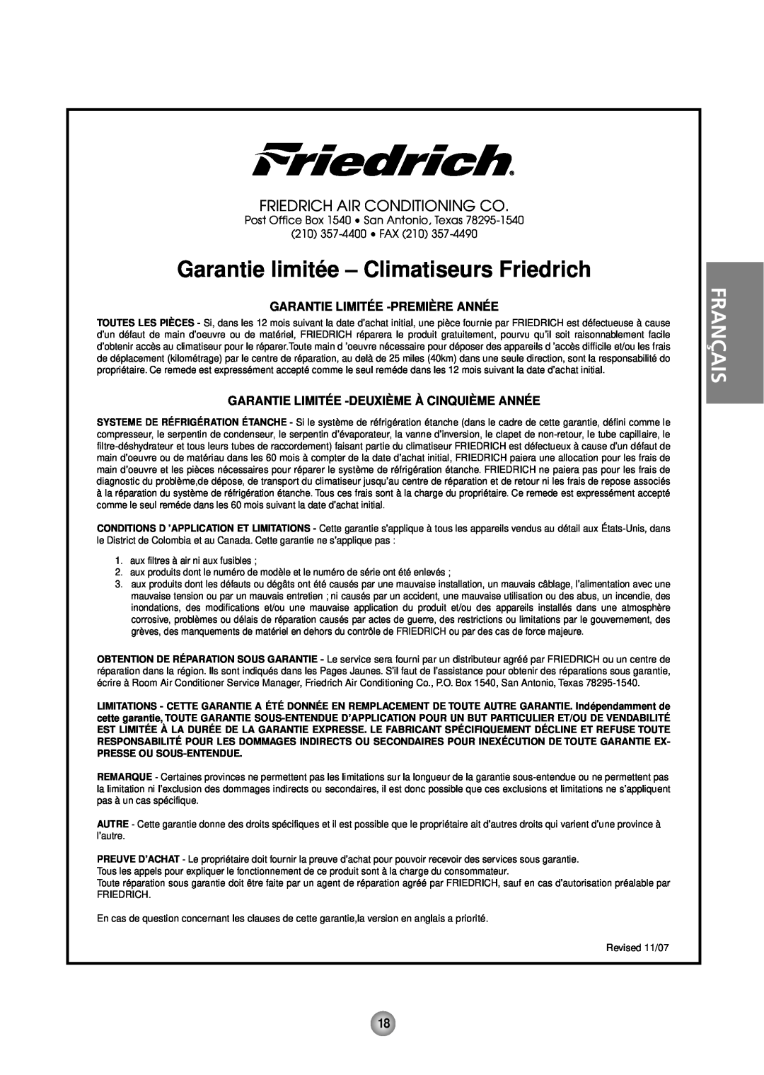 Friedrich CP10, CP12 manual Garantie limitée - Climatiseurs Friedrich, Français, Garantie Limitée -Première Année 