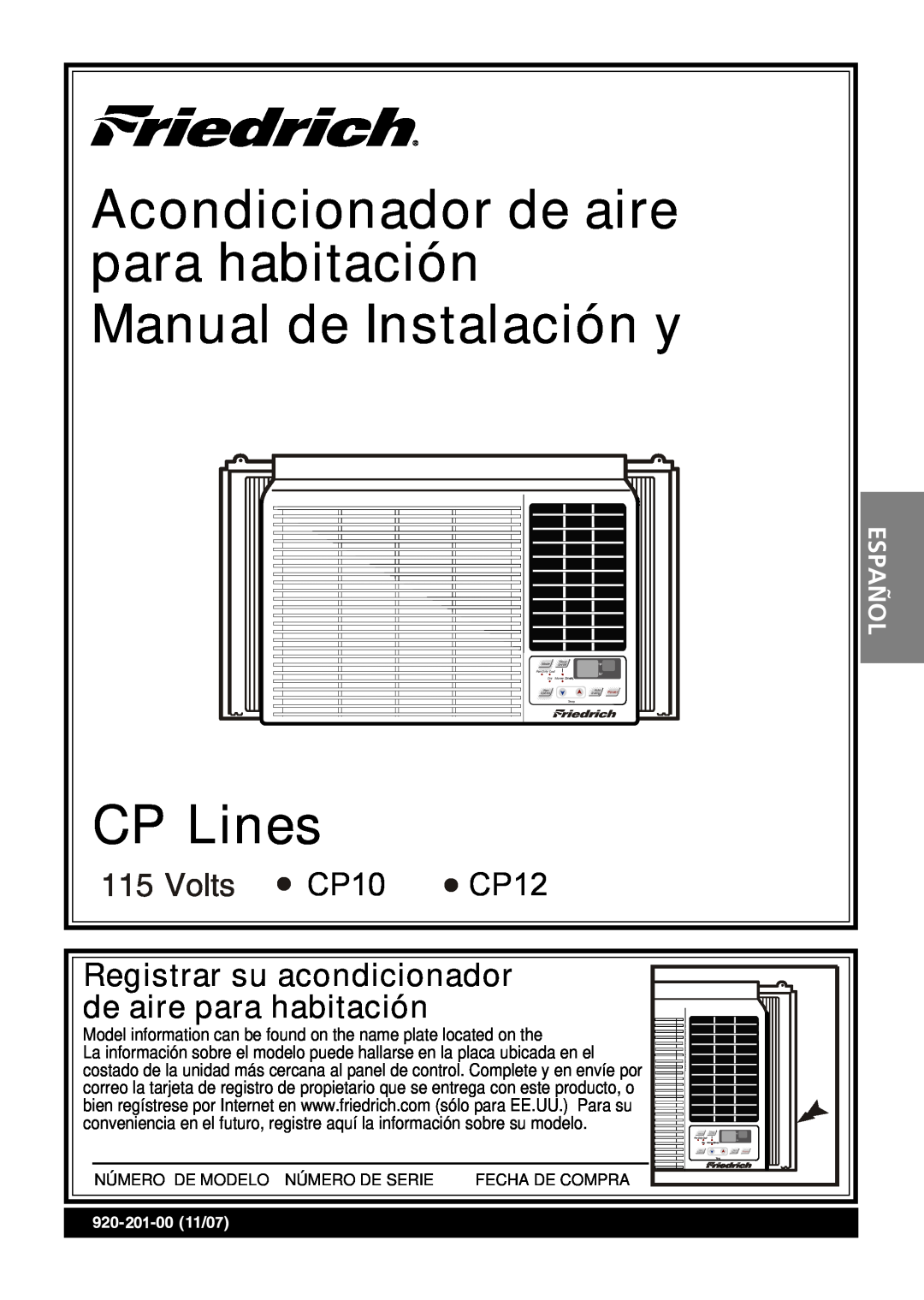 Friedrich CP12 Acondicionador de aire para habitación Manual de Instalación y, CP Lines, Español, CP10, Fecha De Compra 