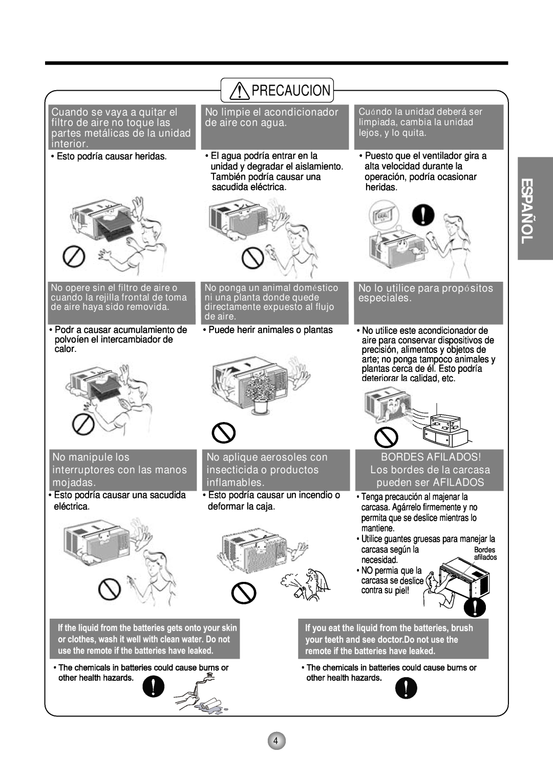 Friedrich CP12, CP10 manual Precaucion, Español, No lo utilice para propó sitos especiales 