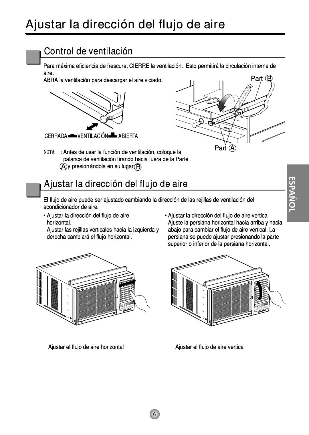 Friedrich CP12, CP10 manual Ajustar la dirección del flujo de aire, Control de ventilación, Español, Part A 