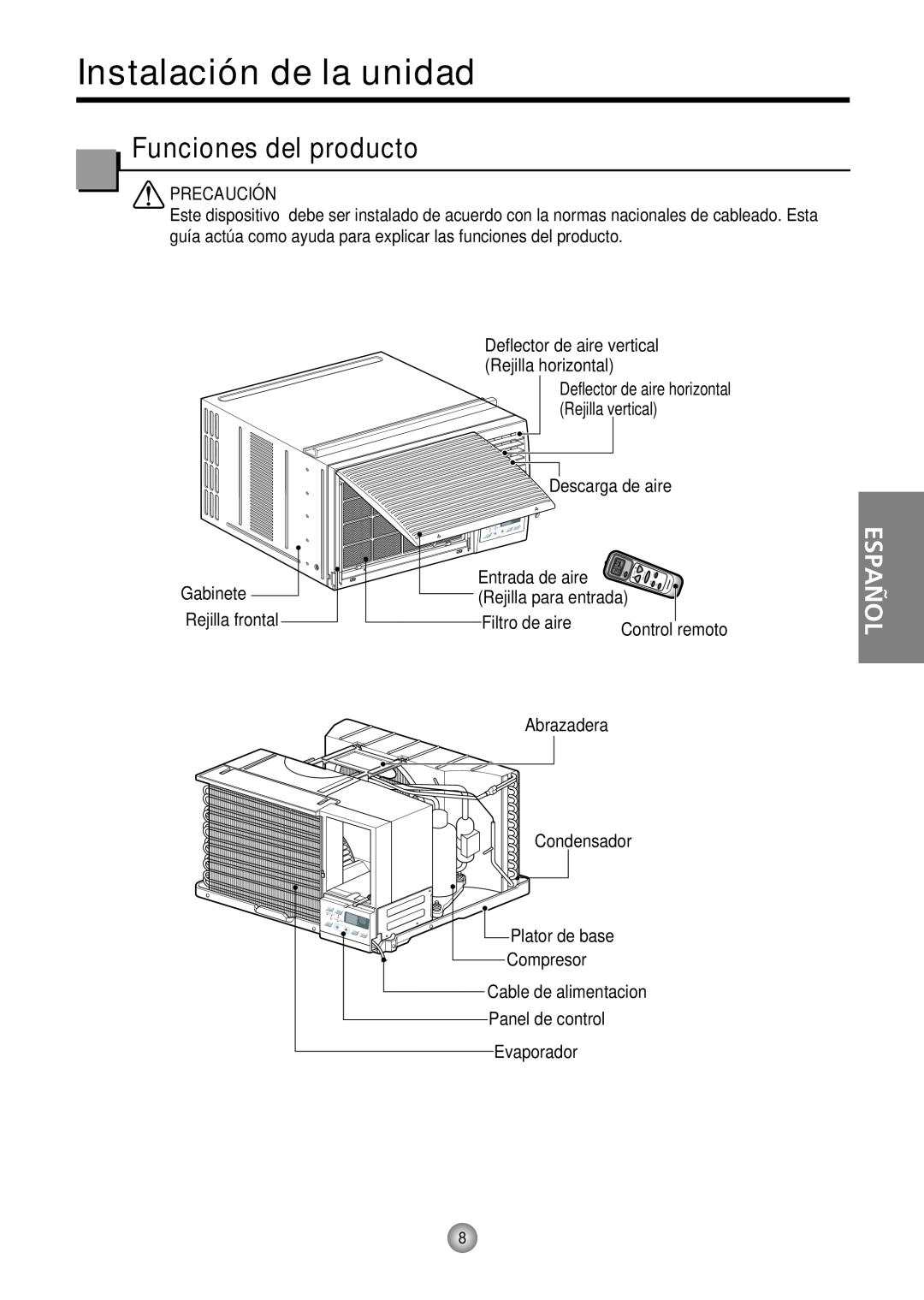 Friedrich CP12 Instalación de la unidad, Funciones del producto, Español, Plator de base, Compresor, Panel de control 