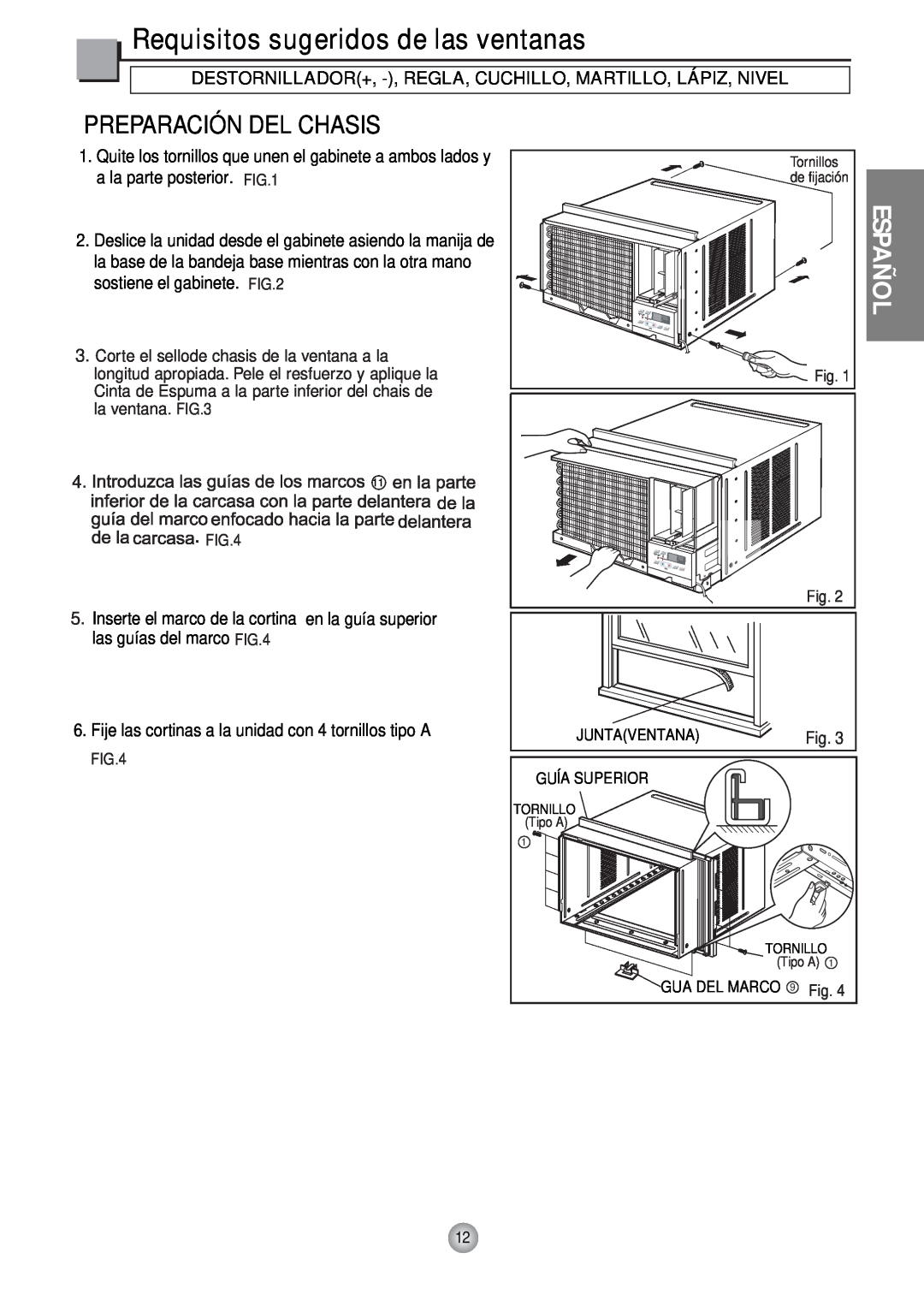 Friedrich CP12, CP10 manual Requisitos sugeridos de las ventanas, Español, Preparación Del Chasis 