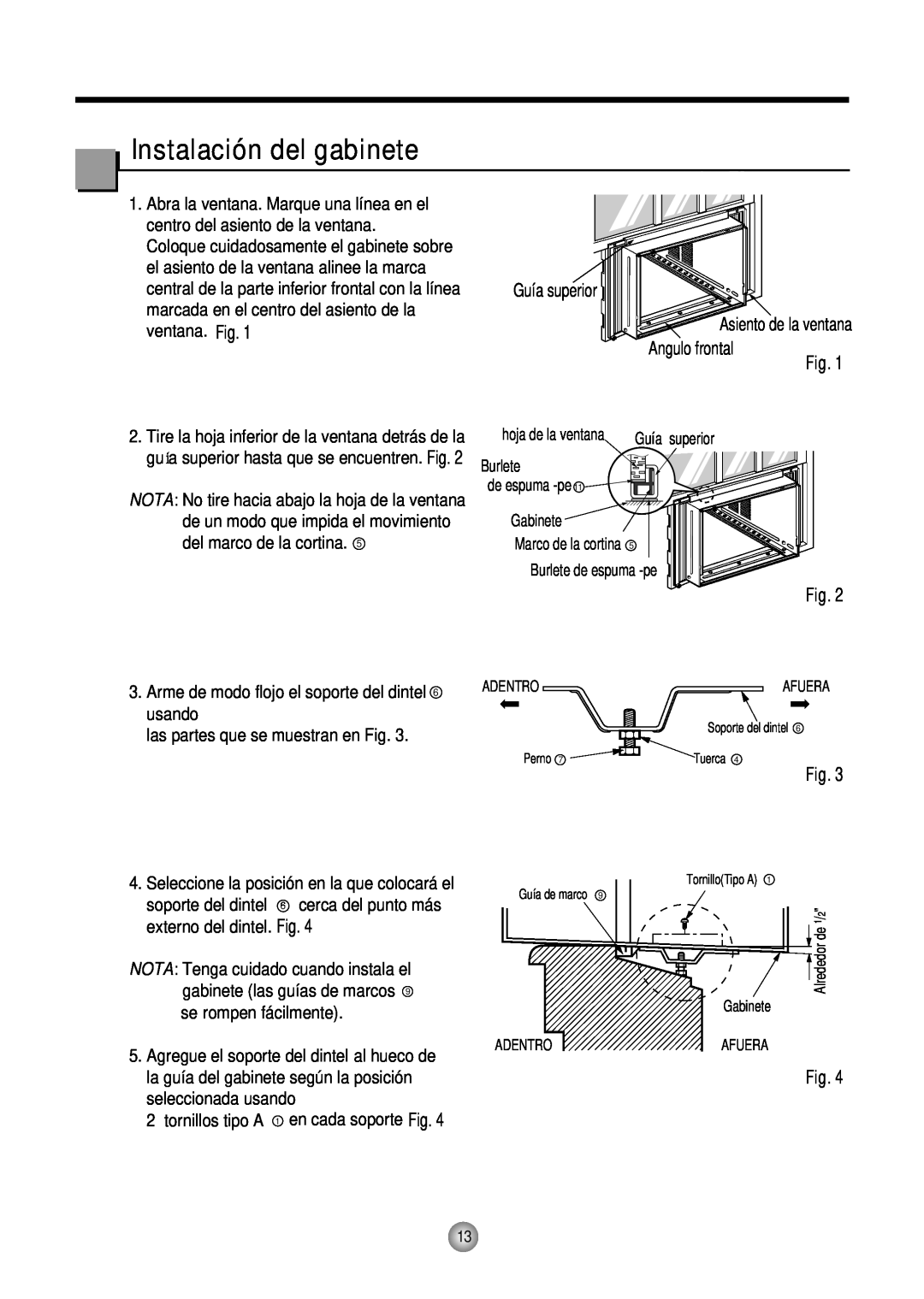 Friedrich CP10, CP12 manual Instalación del gabinete, Español, Asiento de la ventana, Angulo frontal 