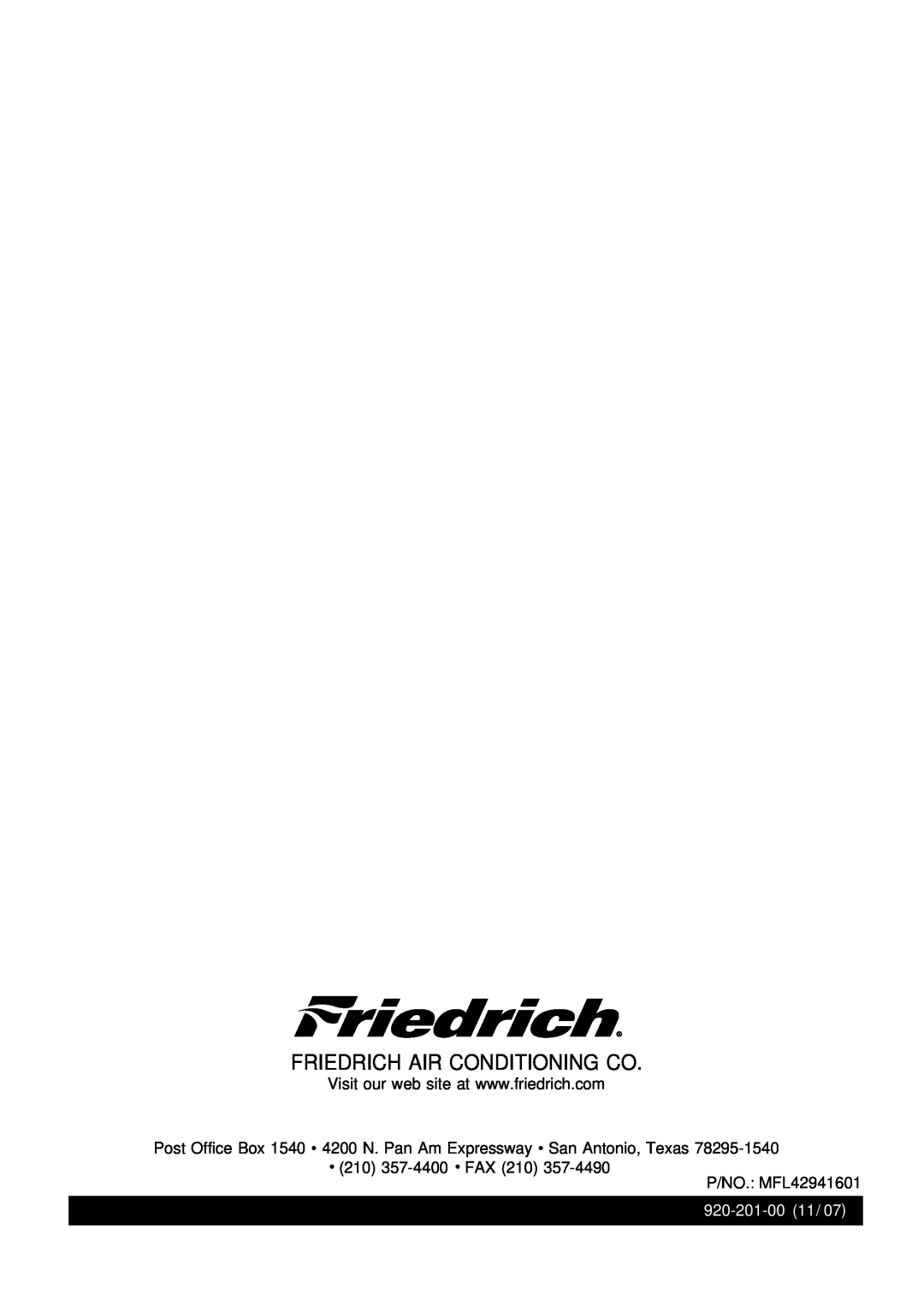 Friedrich CP12, CP10 manual Friedrich Air Conditioning Co, Post Office Box 1540 4200 N. Pan Am Expressway San Antonio, Texas 