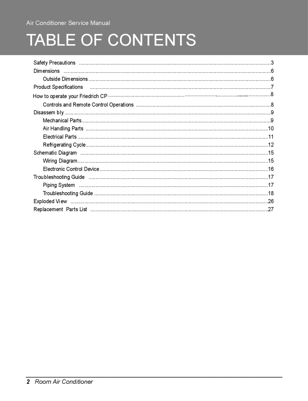 Friedrich CP12F10, CP10F10 manual Table of Contents 