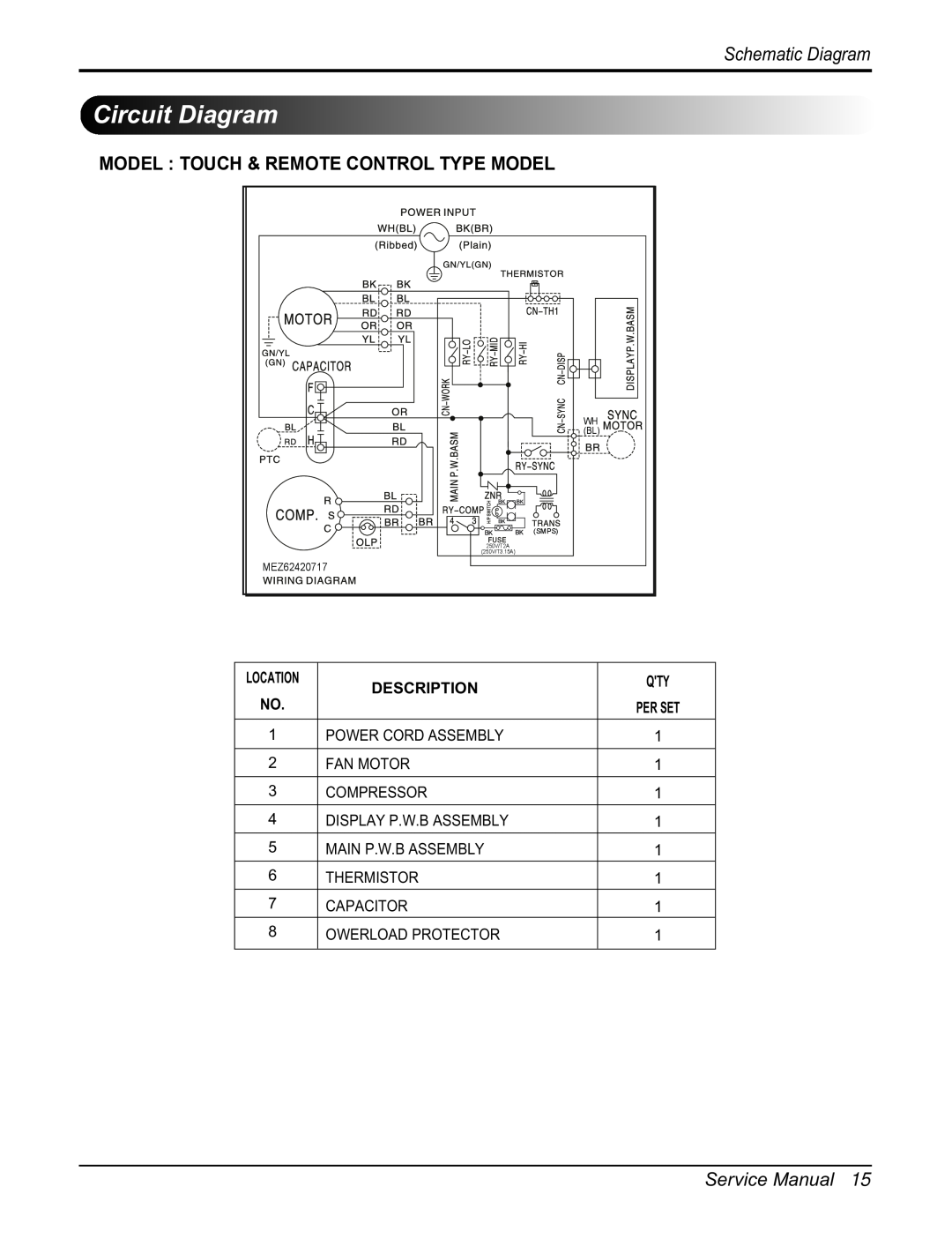 Friedrich CP10F10, CP12F10 manual Circuit Diagram, Schematic Diagram, Description 