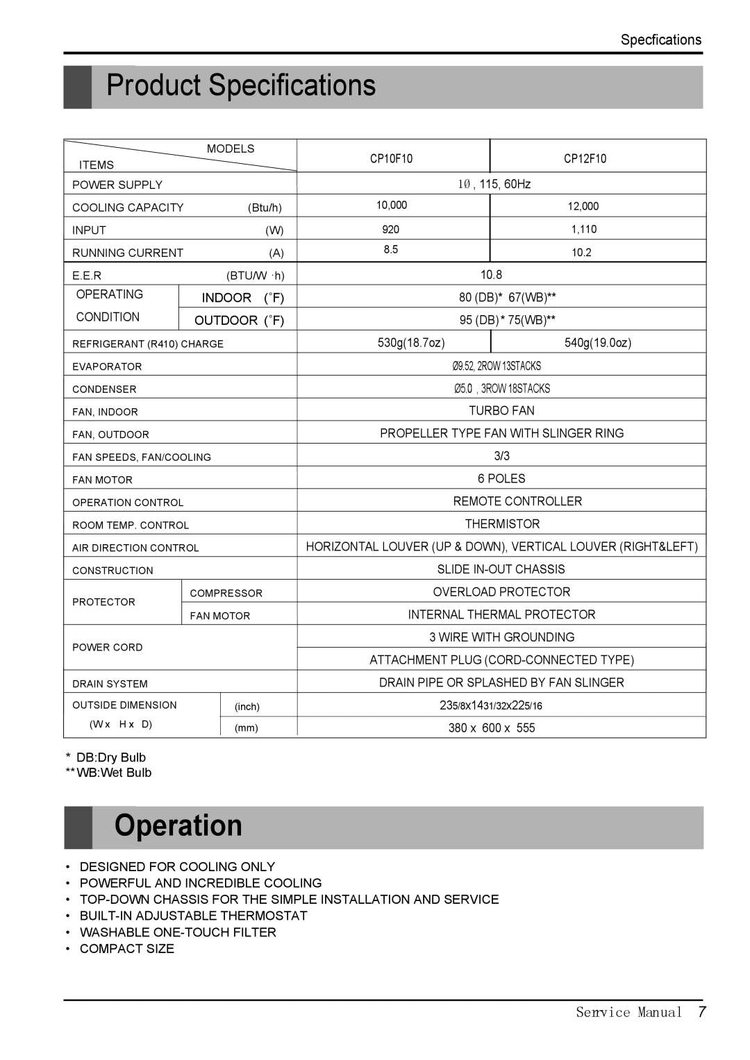 Friedrich CP10F10, CP12F10 manual Product Specifications, Operation, Serrvice Manual 