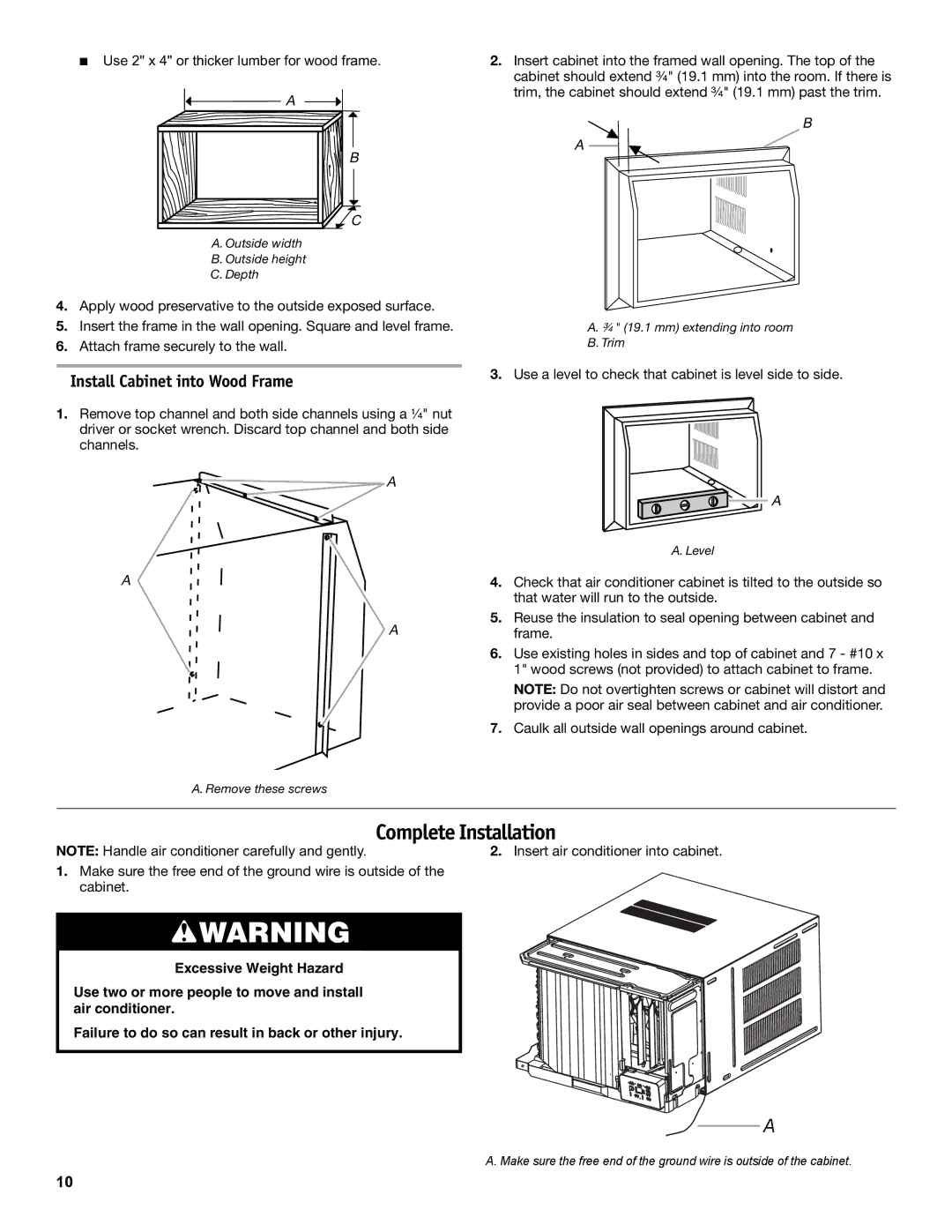 Friedrich CP18, CP14, CP24 manual Complete Installation, Install Cabinet into Wood Frame 