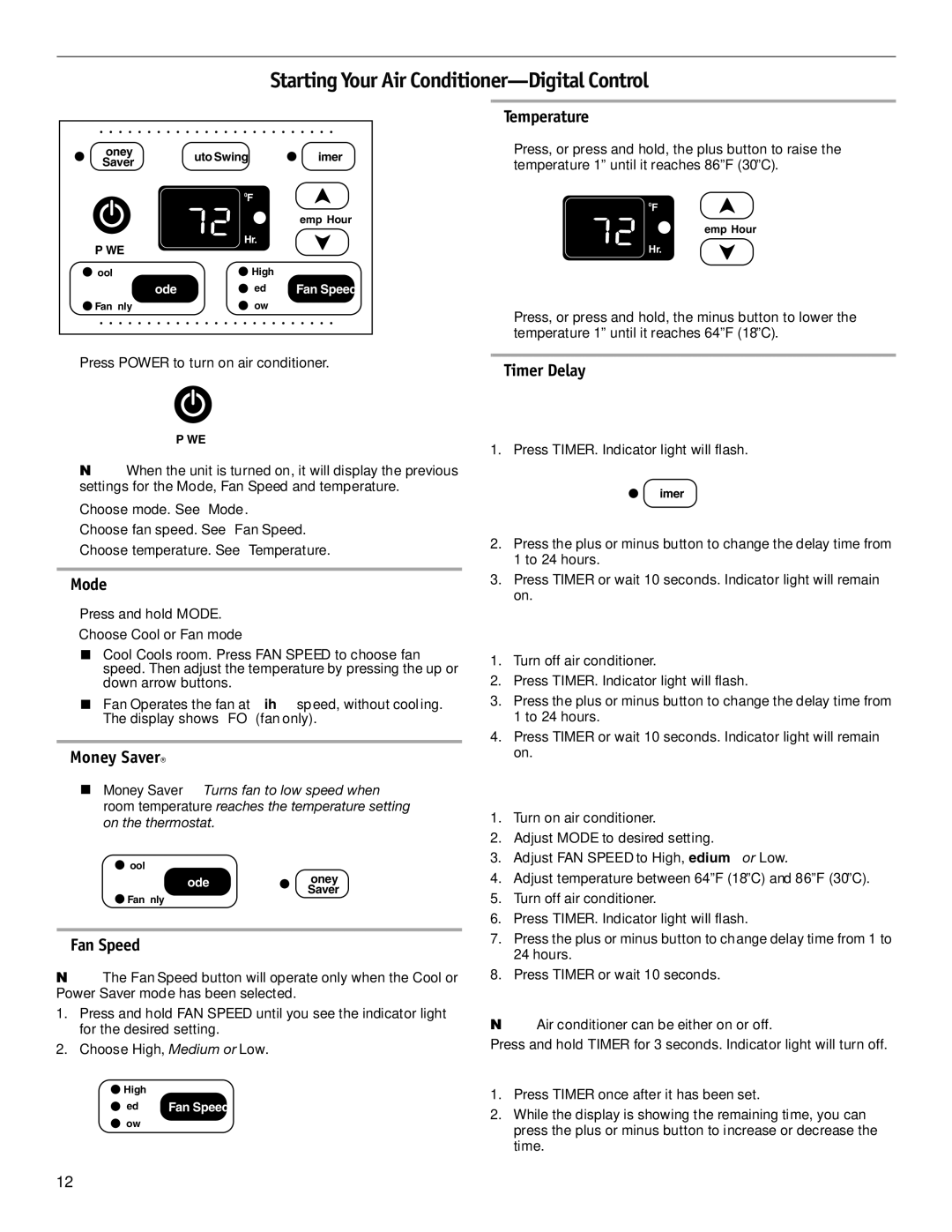 Friedrich CP14, CP18, CP24 manual Mode, Money Saver, Fan Speed, Temperature, Timer Delay 