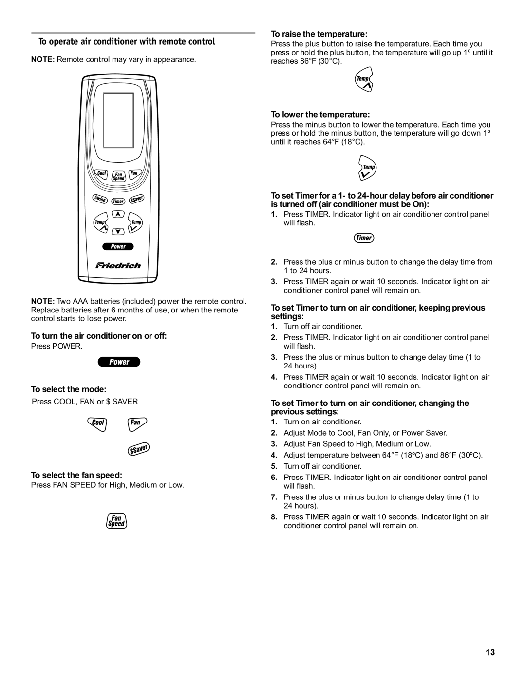 Friedrich CP18, CP14, CP24 manual To operate air conditioner with remote control, To raise the temperature 