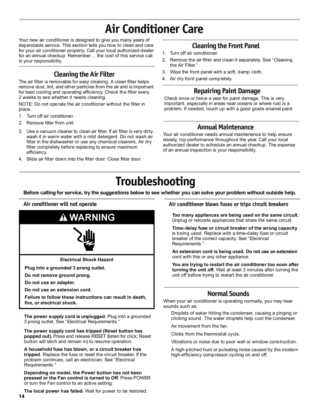 Friedrich CP24 Troubleshooting, Air conditioner will not operate, Air conditioner blows fuses or trips circuit breakers 