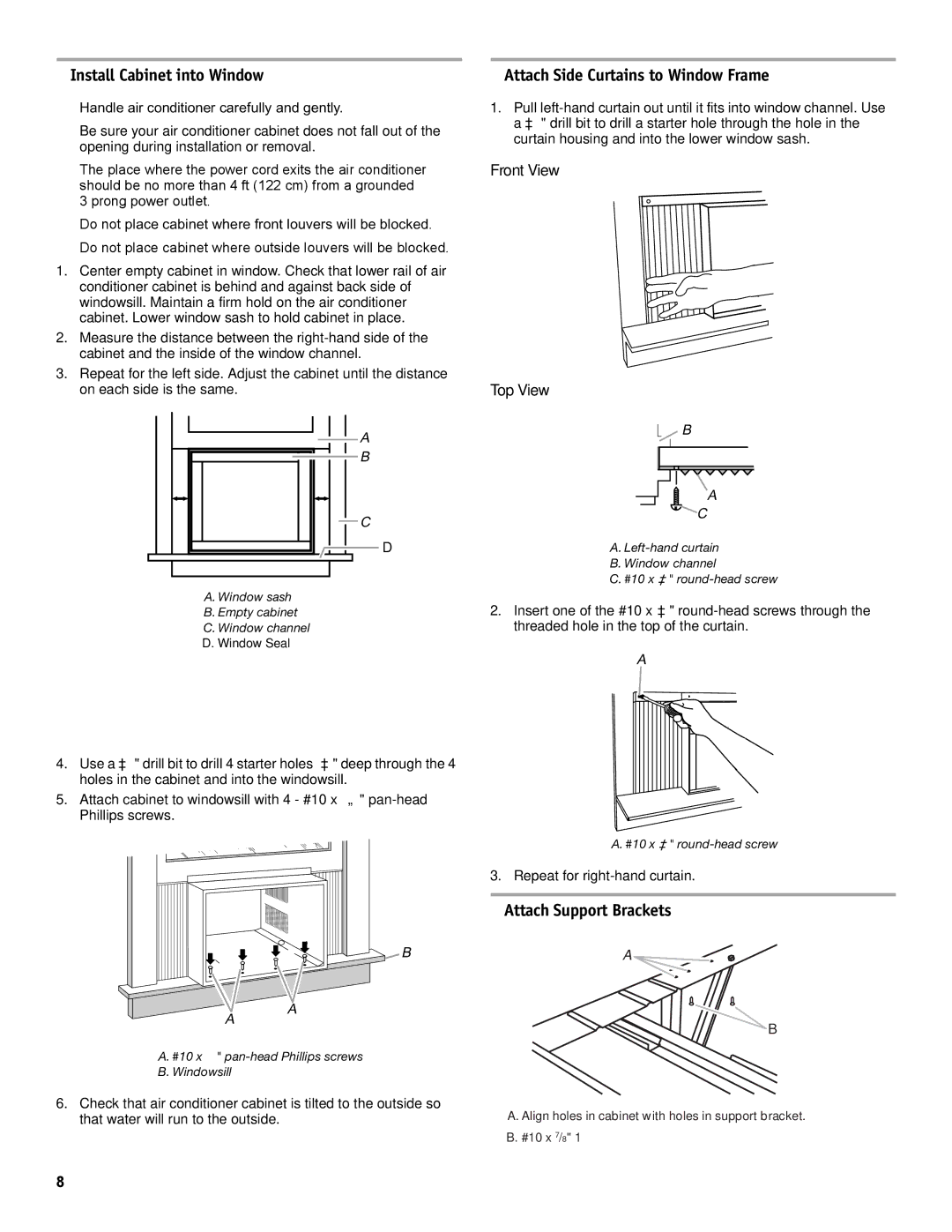 Friedrich CP24, CP14, CP18 manual Install Cabinet into Window, Attach Support Brackets, Front View Top View 