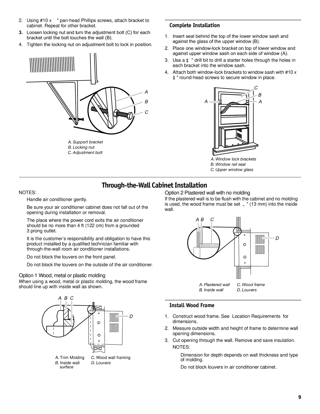 Friedrich CP14, CP18, CP24 manual Through-the-Wall Cabinet Installation, Complete Installation, Install Wood Frame 