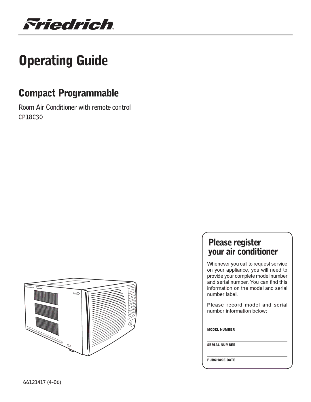 Friedrich CP18C30 manual Room Air Conditioner with remote control, 66121417 