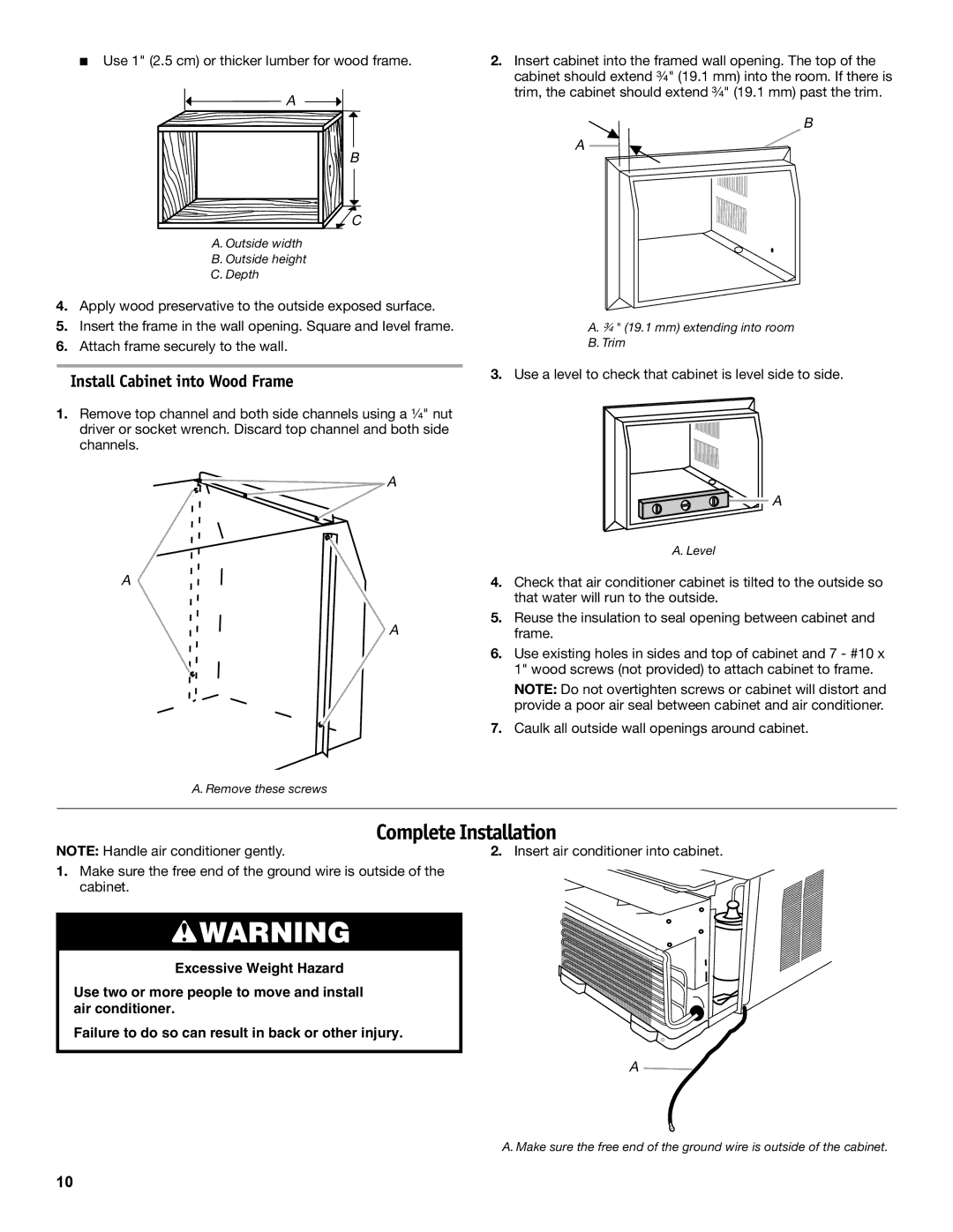 Friedrich CP18C30 manual Complete Installation, Install Cabinet into Wood Frame 