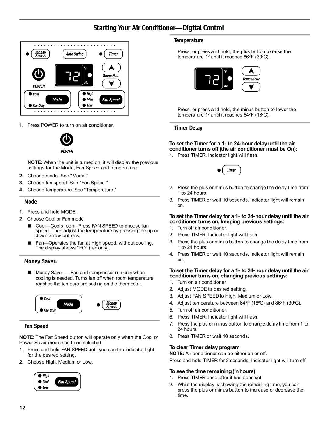 Friedrich CP18C30 manual Starting Your Air Conditioner-Digital Control 