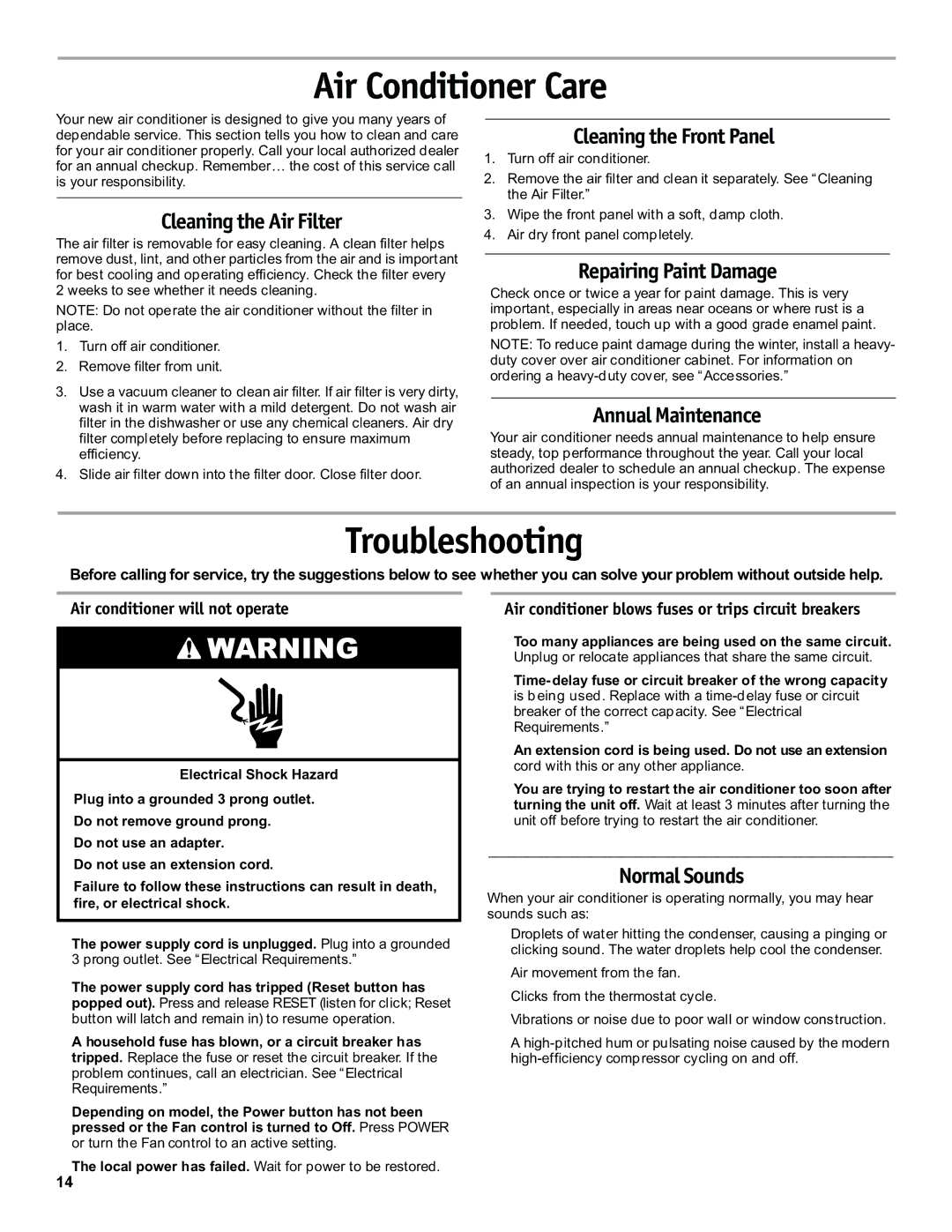 Friedrich CP18C30 manual Air Conditioner Care, Troubleshooting 