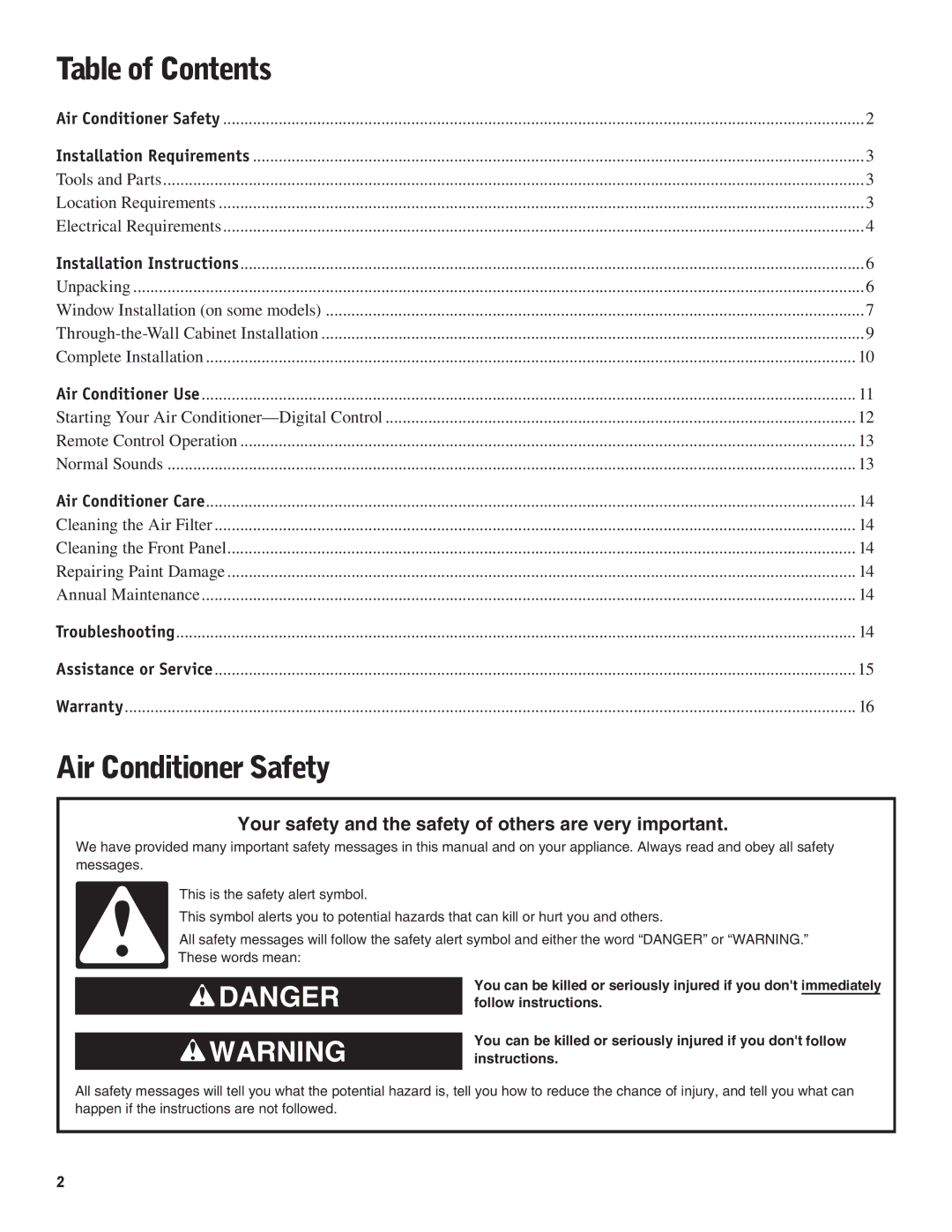 Friedrich CP18C30 manual Table of Contents 