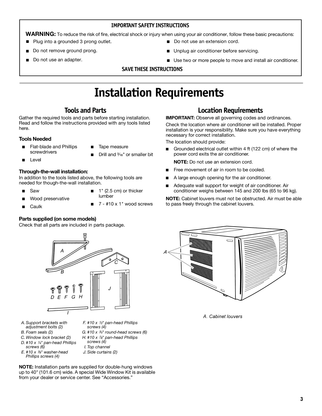 Friedrich CP18C30 manual Installation Requirements, Tools and Parts, Location Requirements 